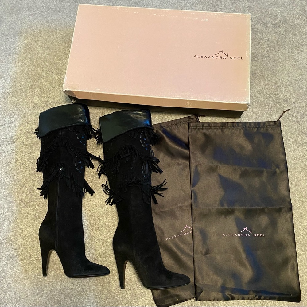 Alexandra Neel Black Suede Boots Heel Fringe 37.5
